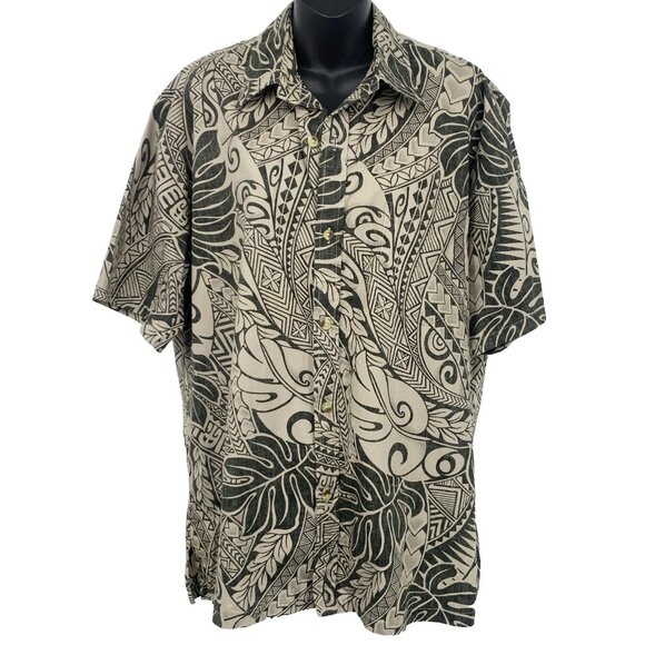 Two Paddles Men Aloha Button Shirt Large Brown Black Hawaiian Tribal Cotton EUC - Picture 1 of 8